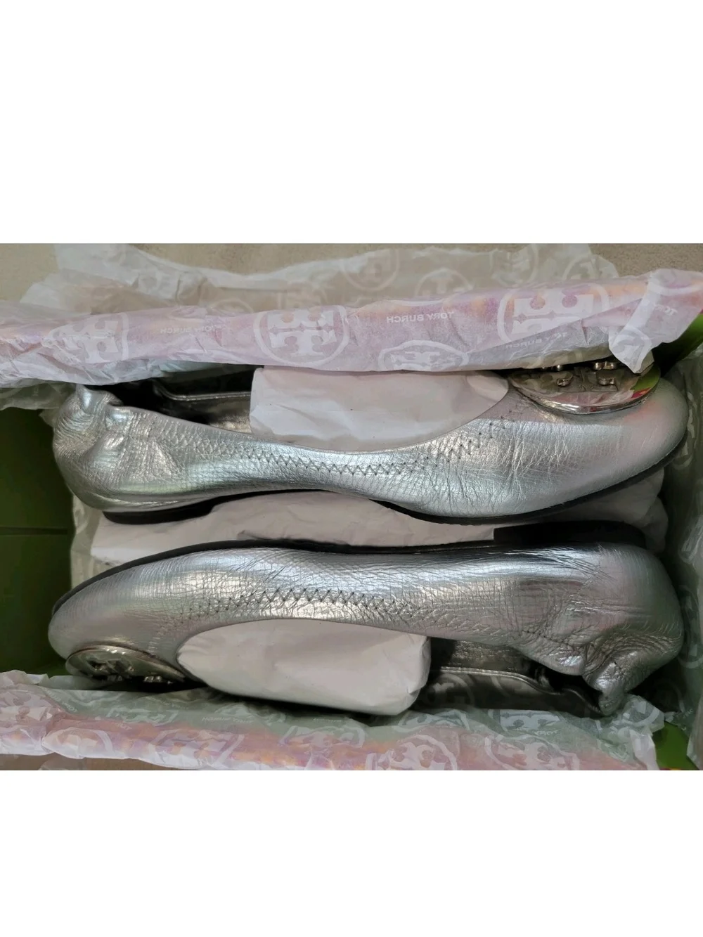 Tory BURCH Metallic Silver Logo Ballet Flats - Women's